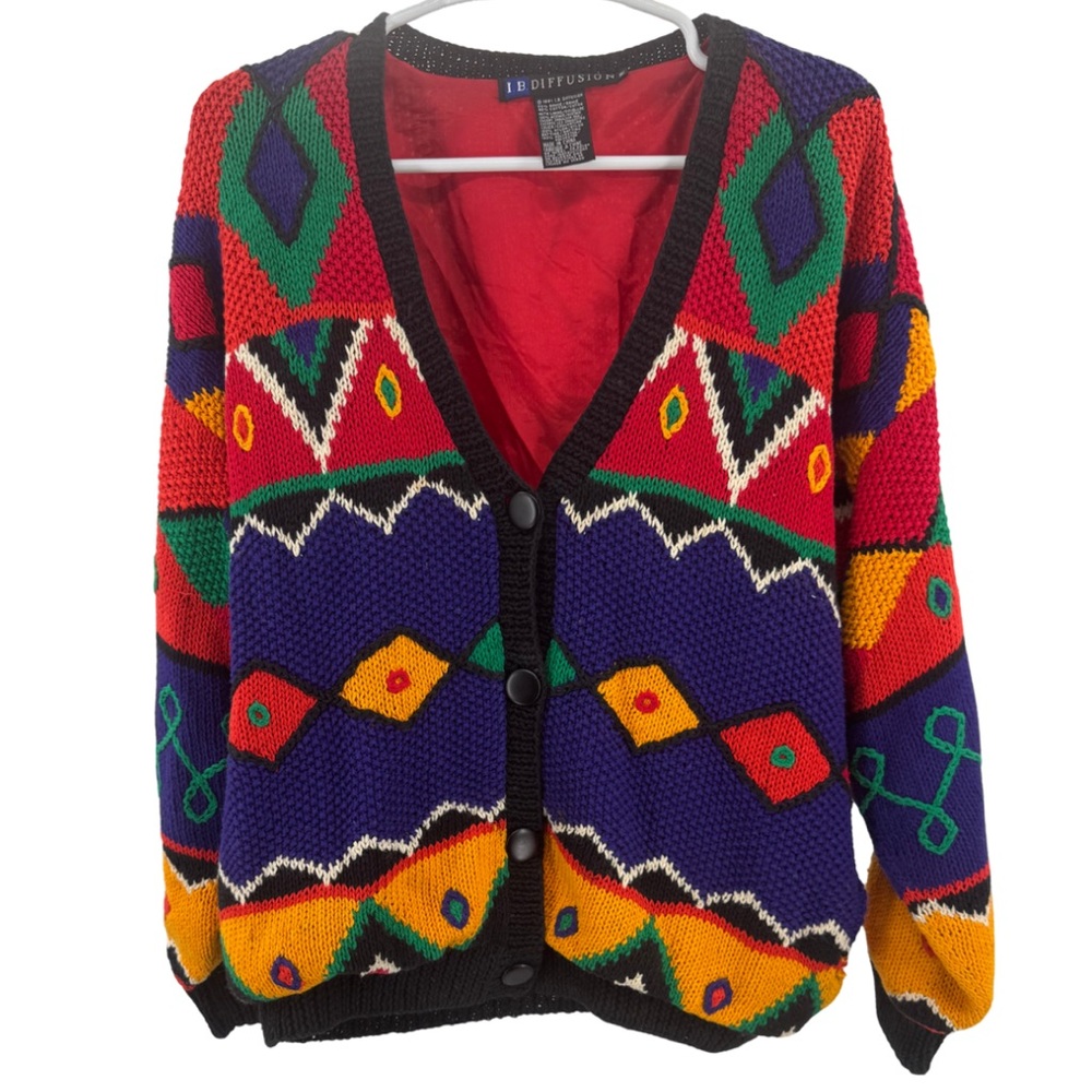I.B. Diffusion Women's Black Red Cardigan Sweater lined vintage 90s geometric M